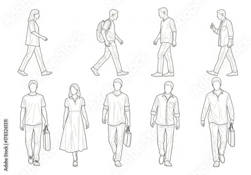 Collection of diverse people walking and standing