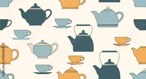 Stylish seamless pattern various teapots kettles cups beverage vector illustration flat design kitchen utensil drink background retro artwork