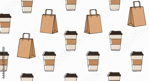 Seamless pattern with coffee cups paper bags takeout delivery vector illustration flat design background cafe packaging beverage food retail