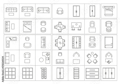 Collection of architectural floor plan symbols for furniture and home decor
