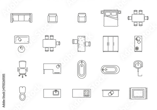 Collection of furniture and home object top view line icons