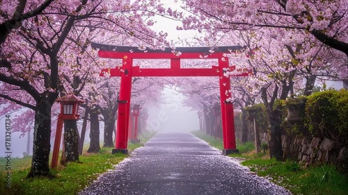 春の霧に包まれた神社の参道に赤い鳥居が並び静けさ漂う幻想の道