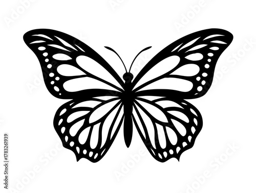 Abstract modern seamless pattern of monarch butterfly contours on white background for decoration design. Closeup design element black butterfly. Side view vector icon