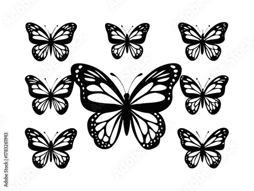 Abstract modern seamless pattern of monarch butterfly contours on white background for decoration design. Closeup design element black butterfly. Side view vector icon