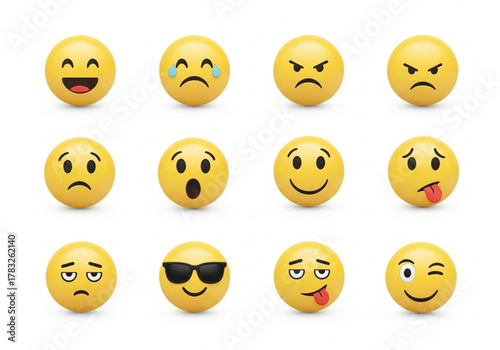 Collection of yellow smiley face emojis showing different emotions