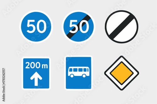 Flat Vector Icon Set of 6 Speed and Distance Traffic Rules. Minimum Speed, Bus Stop, End of Restriction Symbols.