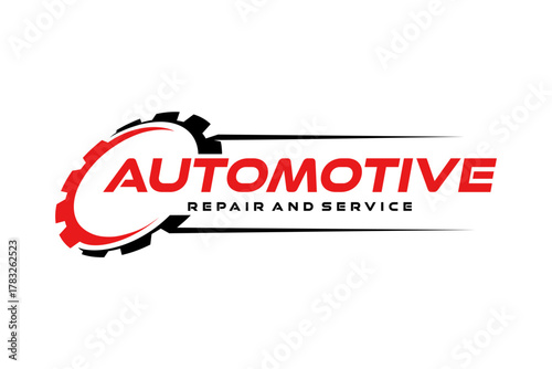 Automotive repair and service logo with dynamic gear element.
