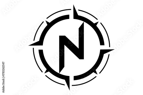 Compass Rose with Letter N in the Center, Navigation Symbol.