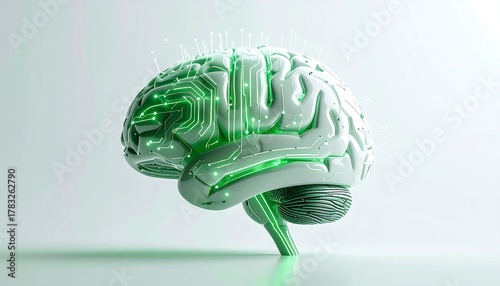 Artificial Intelligence - Brain with Circuit Board, Green Glow, Innovation.