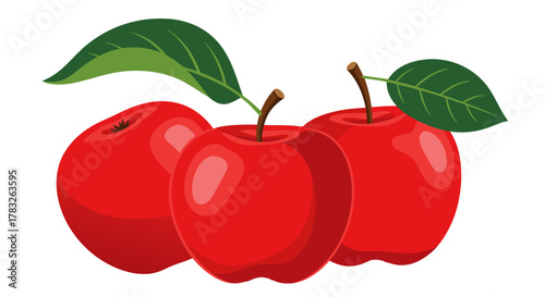 Vibrant red apples with fresh green leaves, a healthy and sweet fruit illustration, perfect for food, nature, and healthy lifestyle designs, symbolizing natural goodness