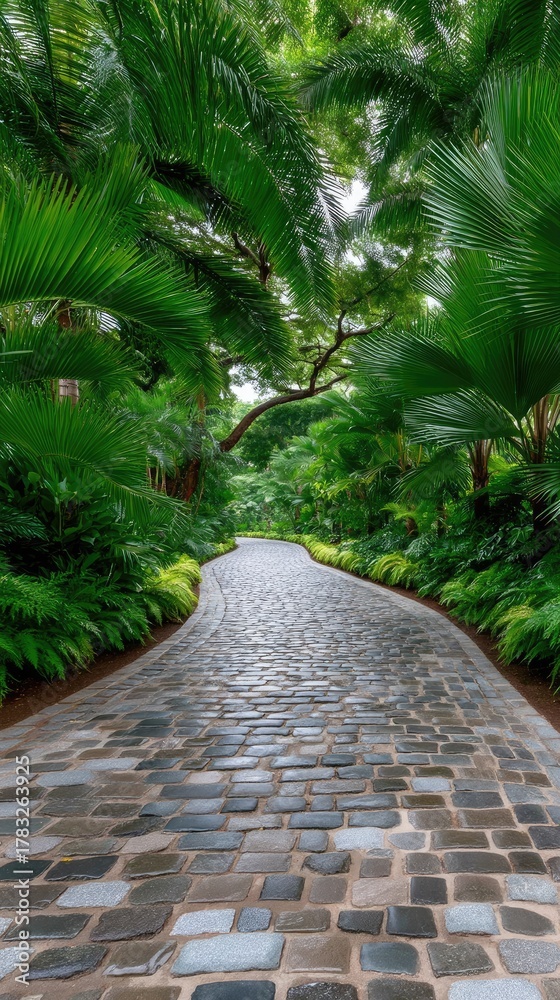Fototapeta premium A cobblestone garden path winds through lush green trees creating a serene natural walkway bathed in dappled sunlight suggesting a tranquil escape