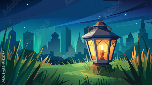 Very beautiful lantern casting a cozy spotlight on fresh green blades of grass under a calm city night sky, with soft glow, gentle shadows, and a serene realistic atmosphere.
