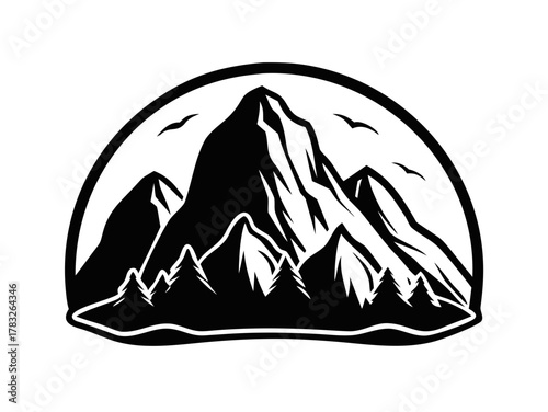 Mountain icon logo vector illustration for adventure outdoor sport graphic design. Black stone and landscape drawing vintage for climbing or hiking sport concept