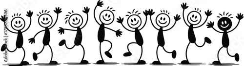 Black and White Stick Figures Dancing, Jumping, Waving, Happiness, Joyful, Playful, Fun, Celebration