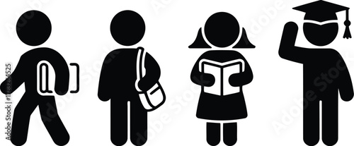 Black Icon Figures Illustrate Student Education Stages Backpack, Messenger Bag, Reading, Graduation