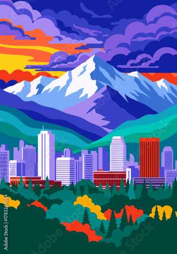 Cityscape under a dramatic mountain backdrop at sunset with colorful sky and vibrant trees