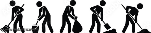 Black Pictogram Figures Cleaning With Broom, Bucket, Shovel, and Bag on White Background