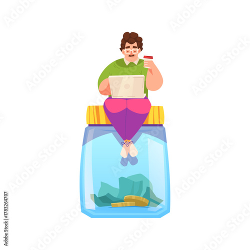 Man Working on Laptop Sitting on Money Jar  Online Banking and Savings Illustration