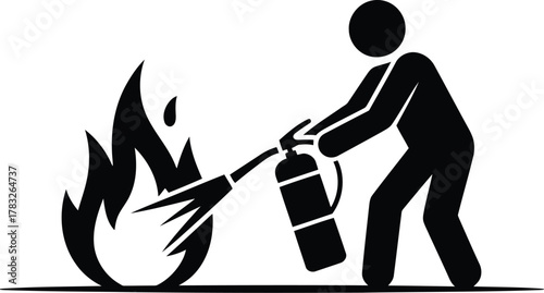 Black Pictogram of a Person Using a Fire Extinguisher to Put Out a Fire