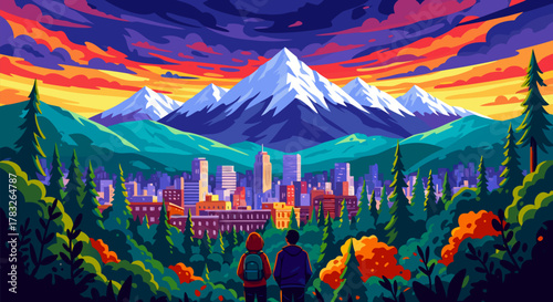 Vibrant Cityscape Overlooked by Snow-Capped Mountains at Sunset