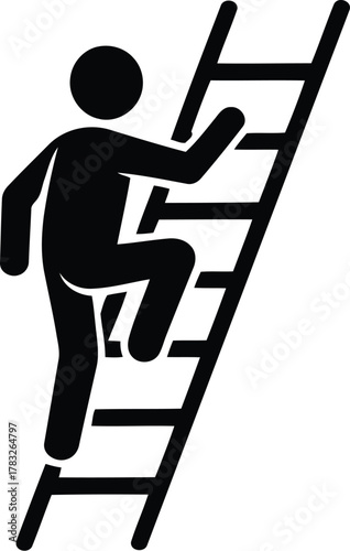 Black Pictogram of Figure Climbing a Ladder Against White Background Symbolizing Growth and Progress