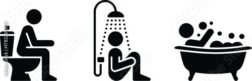Black Silhouette Icons Show Person Using Toilet, Showering, and Relaxing in Bathtub