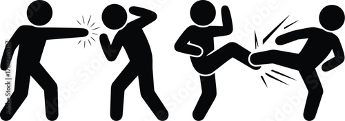 Black Stick Figures Depicting Punching, Defense, Kneeing, and Kicking Actions on a White Background