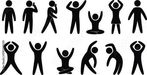Black Stick Figures Illustrating Actions Walking, Talking on Phone, Stretching, Yoga, Exercise, Sadness