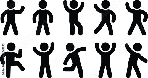 Black Stick Figures in Dynamic Poses Expressing Joy, Celebration, and Upbeat Energy