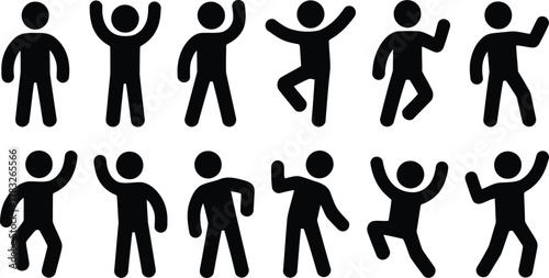 Cheerful Stick Figures Dancing, Celebrating, and Cheering in Various Poses on a White Background