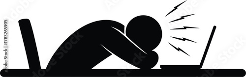 Exhausted Person with Head on Desk in Front of Laptop Silhouette Illustration