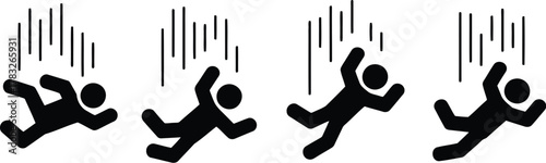 Falling Person Pictogram Set Depicting Various Stages and Impacts of a Fall, with Falling Lines