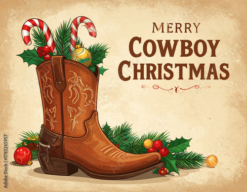 Festive cowboy christmas celebration rustic setting graphic illustration vintage style whimsical viewpoint
