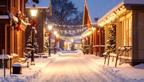 Snow-covered street decorated with holiday lights in a quaint village during winter twilight