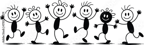 Happy Stick Figures Running and Dancing in a Row, Black and White