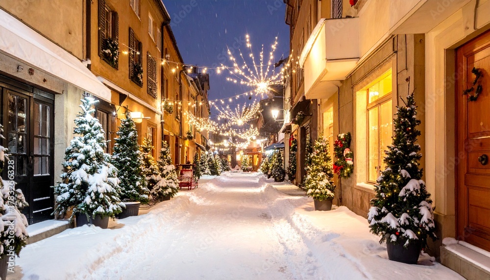 Fototapeta premium Winter street decorated with lights and snow at night, creating a cozy holiday atmosphere in a charming town