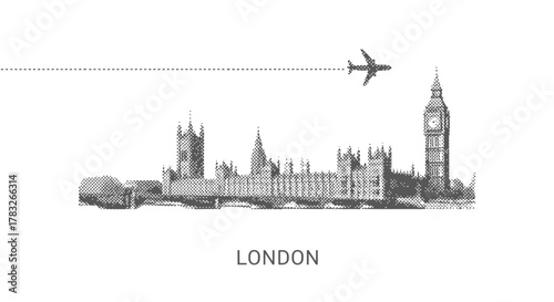 London Skyline Silhouette with Airplane and Big Ben