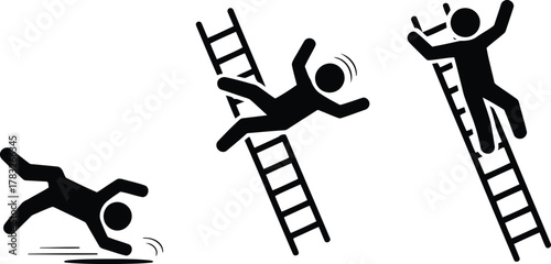 Ladder Safety Illustration Stick Figures Climbing, Falling, and Injured, Isolated on White Background