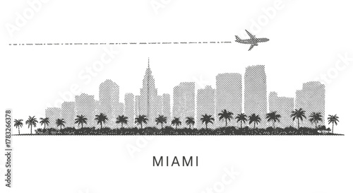 Miami Skyline Silhouette with Airplane and Palm Trees