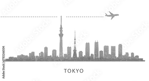 Tokyo Skyline with Airplane Icon and Dashed Line Path