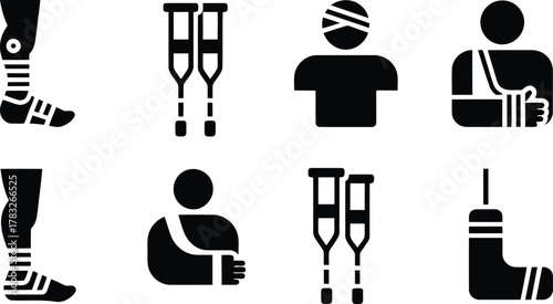 Medical Condition Disability Icons Arm Cast, Leg Brace, Crutches, and Head Bandage