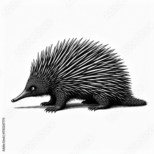 Engraved black and white illustration of an echidna in side view. Detailed animal drawing on white background. Creature has spikes and a long snout.