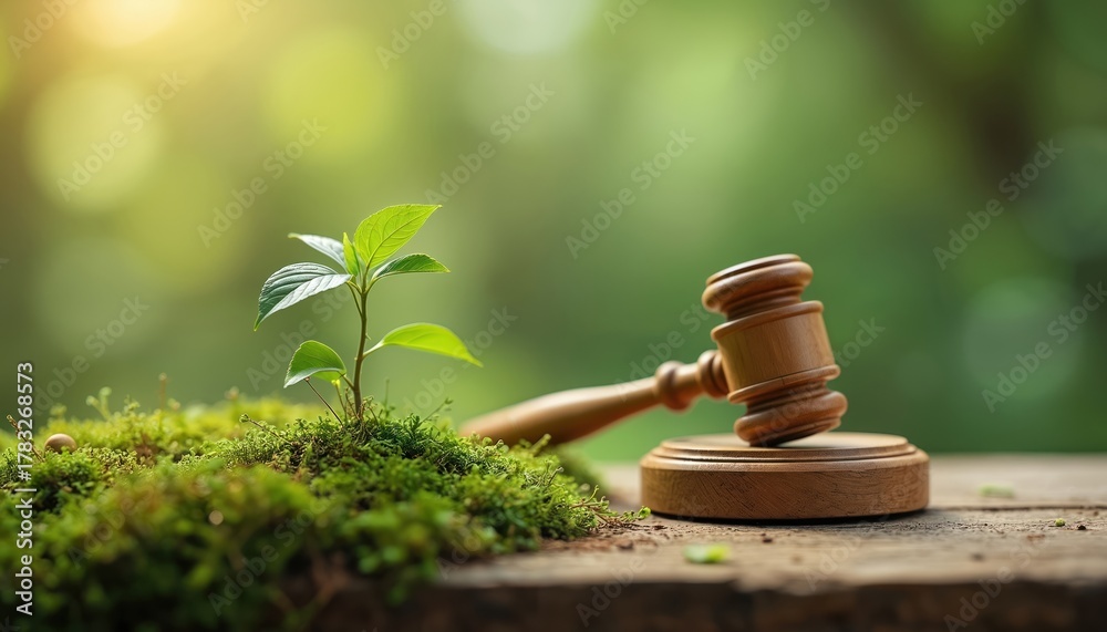 Obraz Judge gavel with green plant on moss. Environmental law, sustainability concept. Eco friendly justice, nature conservation. Green policy, climate change. Law, ecology relationship. Sustainable