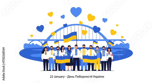 Ukrainian people celebrating unity with flags and hearts supporting Ukraine.