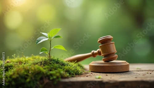 Judge gavel with green plant on moss. Environmental law, sustainability concept. Eco friendly justice, nature conservation. Green policy, climate change. Law, ecology relationship. Sustainable
