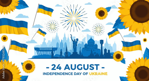 Ukraine Independence Day Celebration with Sunflowers and Fireworks.