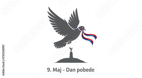 Symbolic grey dove of peace flying with a ribbon for Victory Day.