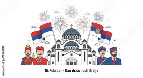 Serbian Statehood Day Celebration with Saint Sava Temple Illustration.