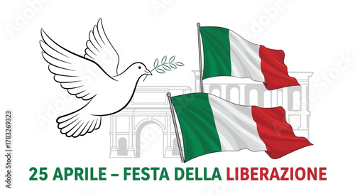Symbolic Dove of Peace with Olive Branch and Italian Flags for Liberation Day.