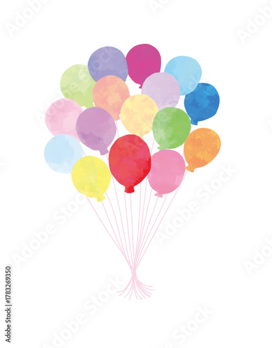 色々なカラーの風船を水彩風に手描きしたデザイン